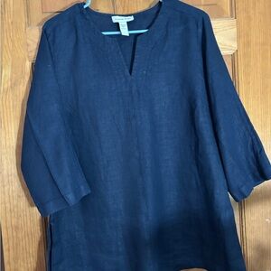 Amanda Smith Navy Linen Blouse Size Large Classic Lightweight